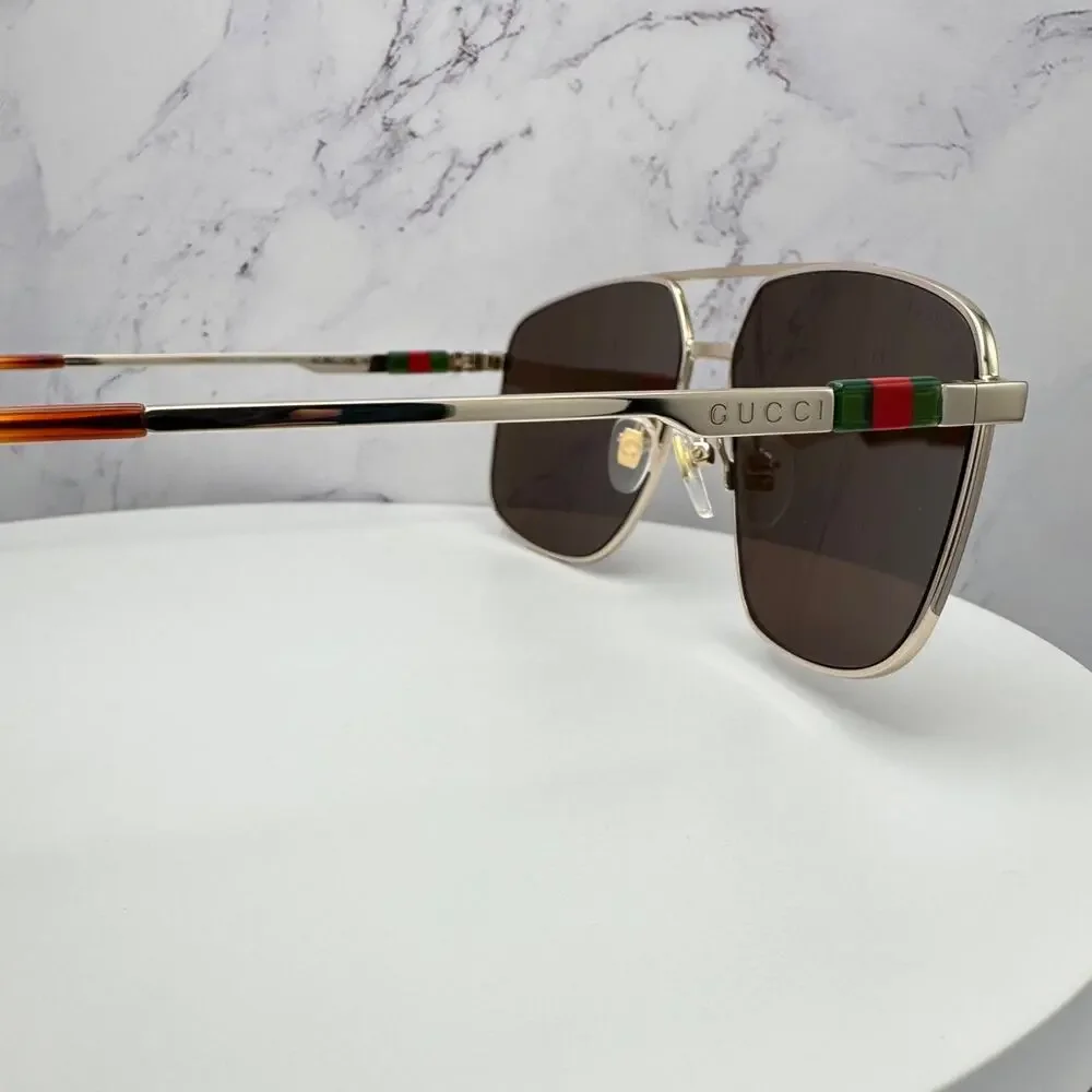 New GUCCI Sunglasses Gold Metal Square Aviator Pilot Red Green Web Logo Mens